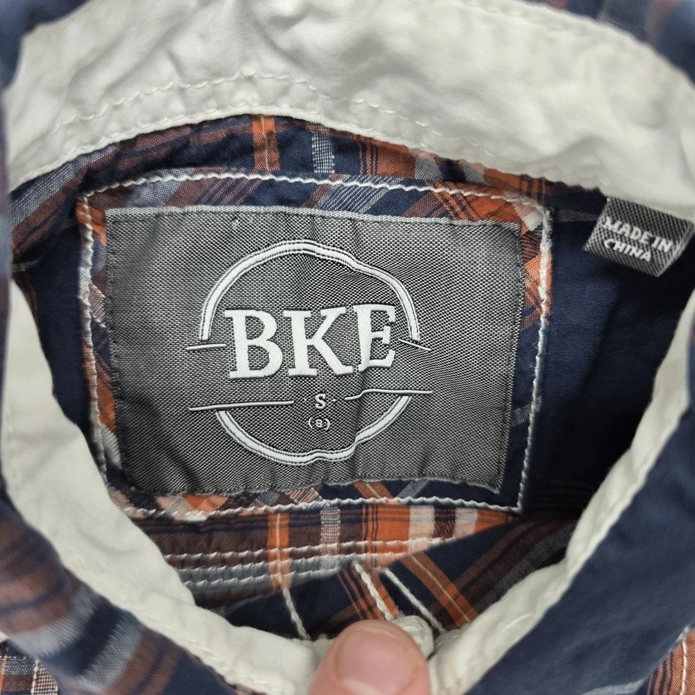 BKE Boys Blue Orange Plaid Flannel Shirt Youth Small Athletic Fit Western Y11309